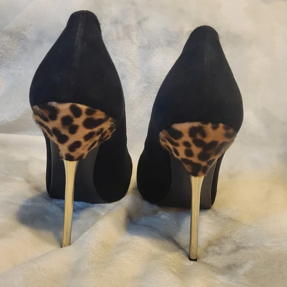 Stuart Weitzman Black Suede Heels with Calf Hair Leopard Detail - Picture 4 of 16
